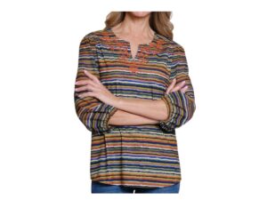 MULTIPLES 3/4 SLEEVE NOTCH NECK EMBROIDERED TOP