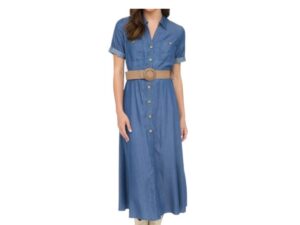 BLUPEPPER BELTED SHORT SLEEVE CHAMBRAY MIDI DRESS