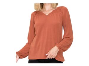 STACCATO SMOCKED SHOULDER SPLIT NECK TOP