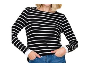 STACCATO CREWNECK RUFFLE SLEEVE HEM STRIPE TOP