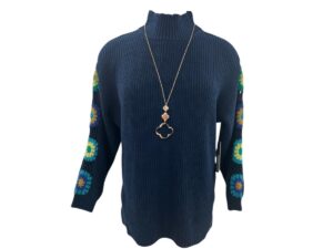 MULTIPLES NAVY CROCHET SLEEVE SWEATER