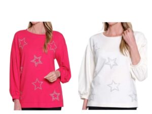 MULTIPLES 3/4 SLEEVE JEWELED STAR KNIT TOP