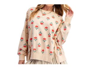 EASEL LONG SLEEVE FLOWER PRINT MINERAL WASH TOP