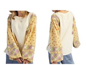 EASEL LONG SLEEVE PLAID MIX MINERAL WASH TOP