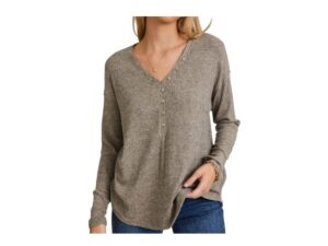 GILLI SUPER SOFT V-NECK HENLEY TOP