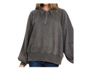 ZENANA ACID WASH PUFF SLEEVE HENLEY SWEATSHIRT