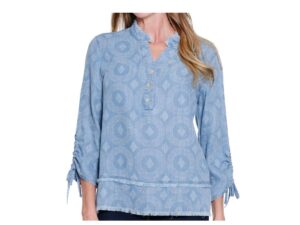 MULTIPLES 3/4 SLEEVE DRAWSTRING FRINGE HEM SHIRT