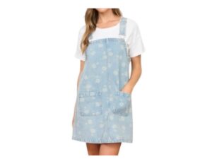 BLUPEPPER DENIM FLORAL OVERALL MINI DRESS