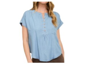 BLUPEPPER CHAMBRAY RUCHED SHOULDER HENLEY