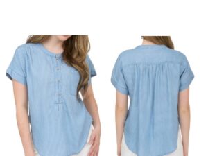 BLUPEPPER SHORT SLEVE STRIPED CHAMBRAY HENLEY