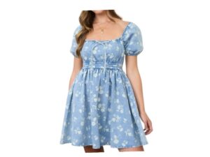 BLUPEPPER FLORAL DENIM PUFF SLEEVE MINI DRESS