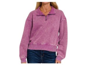 ZENANA ACID WASH FLEECE HALF ZIP