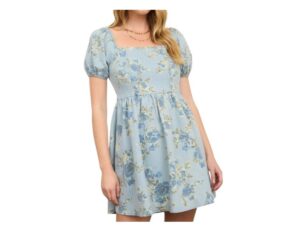 BLUPEPPER FLORAL DENIM PUFF SLEEVE MINI DRESS