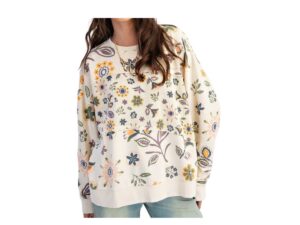 EASEL LONG SLEEVE FLOWER PRINT MINERAL WASH TOP
