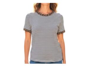 STACCATO LEOPARD TRIM STRIPE SHORT SLEEVE TOP