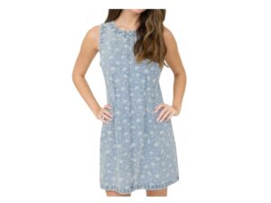 BLUPEPPER FLORAL DENIM SLEEVELESS DRESS
