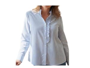 STACCATO RUFFLE TRIM LONG SLEEVE PINSTRIPE SHIRT