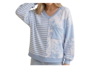 HAPTICS V-NECK FLORAL/STRIPE COLOR BLOCK TOP