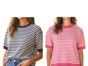 STACCATO CREWNECK HALF SLEEVE STRIPE SWEATER