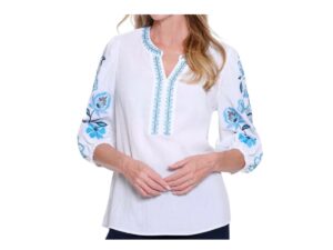 MULTIPLES 3/4 EMBROIDERED SLEEVE NOTCH NECK TOP