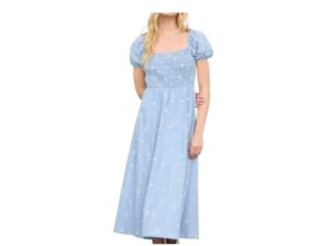 BLUPEPPER EMBROIDERED SMOCKED BODICE DENIM MIDI