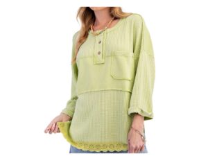 EASEL 3/4 SLEEVE LACE HEM MINERAL WASH TOP