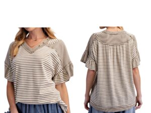 EASEL SHORT SLEEVE STRIPED KNIT V-NECK