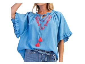EASEL EMBROIDERED FLOWY LINEN BLOUSE