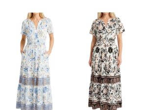 STACCATO NOTCH NECK PRINT TIERED MAXI DRESS