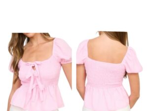 BLUPEPPER FRONT TIE PUFF SLEEVE SMOCKED TOP