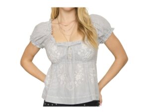 BLUPEPPER STRIPED FLORAL EMBROIDERED PUFF SLEEVE TOP