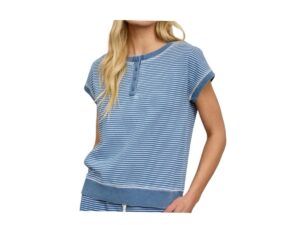 BLUPEPPER WASHED STRIPE HENLEY KNIT TOP
