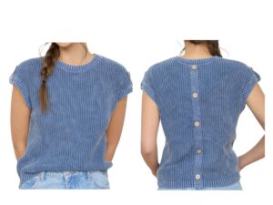 BLUPEPPER ACID WASH TAB SLEEVE BUTTON BACK SWEATER