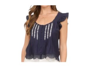BLUPEPPER EMBROIDERED LACE TRIM PIN TUCK TOP
