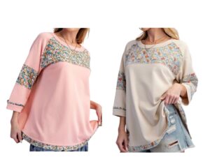 EASEL 3/4 SLEEVE MIX PRINT TERRY KNIT TOP