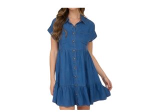 BLUPEPPER DARK CHAMBRAY SHORT SLEEVE TIERED MINI DRESS