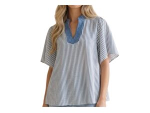 HAPTICS VERTICAL PINSTRIPE WOVEN BLOUSE