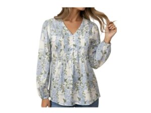 HAPTICS V-NECK PIN TUCK FLORAL COTTON BLOUSE