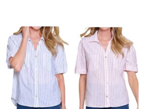 MULTIPLES SHORT SLEEVE STRIPE JOHNNY COLLAR BLOUSE