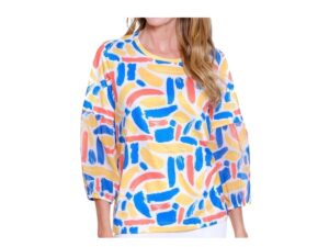MULTIPLES 3/4 LANTERN SLEEVE PRINT SLUB KNIT TOP