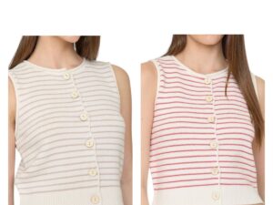 BLUPEPPER STRIPED CREWNECK BUTTON FRONT VEST