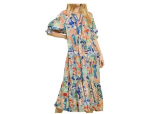 UMGEE MIXED FLORAL PUFF SLEEVE TIERED MIDI