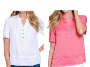 MULTIPLES FRINGE TRIM WOVEN SHORT SLEEVE BLOUSE