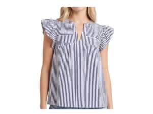 STACCATO SPLIT NECK STRIPE FLUTTER SLEEVE TOP