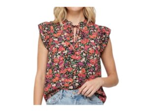 STACCATO FLORAL TIE NECK RUFFLE TRIM TOP
