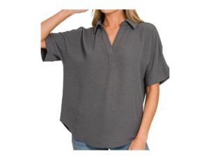 ZENANA WOVEN AIRFLOW JOHNNY COLLAR BLOUSE