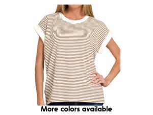 ZENANA STRIPE CONTRAST TRIM CAP SLEEVE TEE