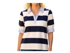 STACCATO PUFF SLEEVE STRIPE JOHNNY COLLAR TOP