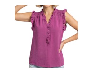 STACCATO RUFFLE TRIM SPLIT NECK SLEEVELESS TOP