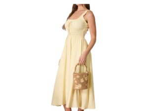 BLUPEPPER FRONT TIE SHIRRED WAIST MIDI DRESS